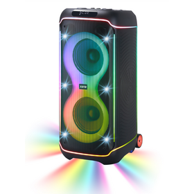 Enceinte de fête Bluetooth double 10 pouces tendance 2026 avec USB FM, éclairage dynamique et batterie rechargeable longue durée.