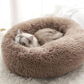 Free Sample Suppliers Novelty Round Long Plush Donut Pet Bed Fluffy Cotton Brown Calming Small Cat Dog Warm House