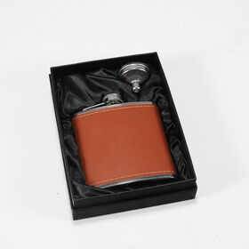 Großhandel 6oz 8oz Edelstahl Flachmann Geschenkset Leder Umwickelte Taschen Flachmann für Mann Frauen mit Trichter für Whisky