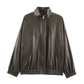 Femme Blouson Simili Cuir Col Montant Veste Zippee Bicolore Pour