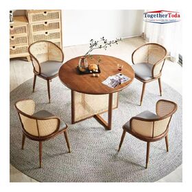 Small-Space Rattan-Weave Dining Table and Chair Set Round Wooden Tabletop Natural Rattan Accent Chairs for Small Living Areas