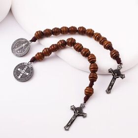 Saint Benedict Medal Prayer Pocket Rosary Catholic Brown Wood Beads with Crucifix Religious gifts