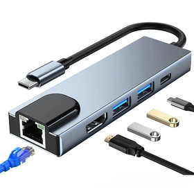 USB-C Hub 5-en-1 4K HD Salida para 2,0 Aleación de Aluminio 100M RJ45 Ethernet PD 100W Adaptador de Carga USB 3,0 Interfaz Multipuerto