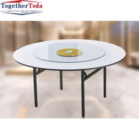 Wholesale Modern Simple Design Foldable Wooden Broad Desktop Metal Frame Round Hotel Dining Table for Hotel Lobby