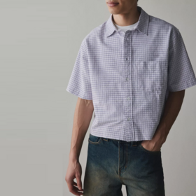 Custom Men's Oversized Neutral Check Short Sleeve Shirts with Cuban Collar and Chest Pocket Buttoned Boxy Design