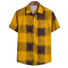 Camisas de Verão Masculinas Moda Poliéster Algodão Casual Camisa Xadrez de Manga Curta Masculina