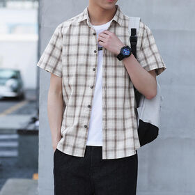 Camisa de primavera xadrez de manga curta masculina, casaco casual solto, respirável, de secagem rápida, não tecido, flanela macia, manga regular