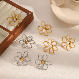 SISSLIA Hollow Flower Gold Plated Stainless Steel Ins Style Petal Ring Earrings Jewelry Set Non-Fading Rings for Women