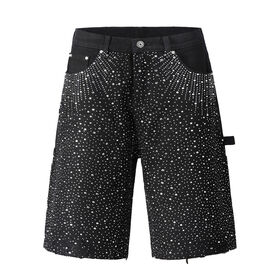 Customized canvas full rhinestone flash print burst loose men's denim shorts wholesale