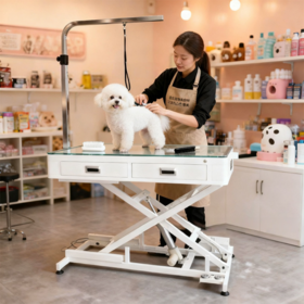 Table de Toilettage pour Animaux de Compagnie à LED USMILEPET avec 4 Tiroirs à Fermeture Douce, Table de Toilettage Électrique Réglable en Hauteur pour Salon de Toilettage