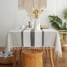Stripes Jacquard polyester table cloth with tassels pom pom trims for home and festivals