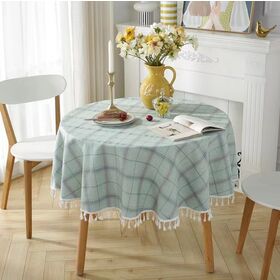 Round grids Jacquard polyester table cloth with tassels pom pom trims for home and festivals