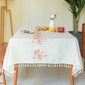 Rechteckige Tischwäsche aus Polyester mit rosa Blumenstickerei, Quasten und Pompon-Verzierungen für Zuhause und Feste