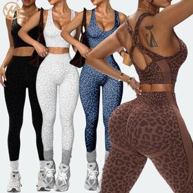 Conjunto de Yoga para Mujer con Estampado de Leopardo: Sujetador Deportivo Cruzado en la Espalda sin Mangas con Escote en V Profundo y Leggings Ligeros Push Up de Secado Rápido para Running y Moda
