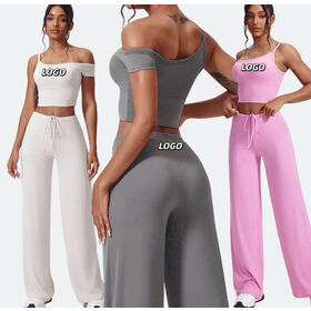 Conjunto Deportivo de Mujer a la Moda: Top con Cordón, Pantalones Acampanados de Yoga y Gimnasio - Traje Deportivo de Color Sólido y Cintura Alta para Mujer