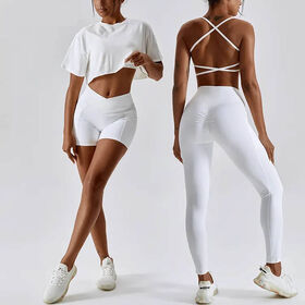 Ensemble de Sport Femme avec Haut Halter Croisé et Taille Haute pour Yoga, Comprenant Soutien-Gorge de Sport Dos Nu, T-Shirt de Sport Ample et Vêtements de Sport sans Coutures pour Entraînement et Fitness