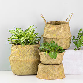Natural Craft Seagrass Belly Basket for Storage, Laundry, Picnic and Woven Straw Beach Bag Plant Pots Cover Indoor Decorative