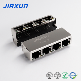 RDB-12GFAK1A Compatible JIAXUN JG04608DB600E Multi-Port 100/1000 Base-T Tab Down Green/Yellow LED 1x4 Port RJ45 Jack Connector
