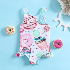 Trajes de baño de una pieza para niñas al por mayor, estampado creativo de rosquillas y piruletas, traje de baño de secado rápido para niños, ropa de playa, traje de baño para niños