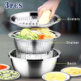 3pcs Stainless Steel Metal Kitchen Tools Food Chopper Vegetable Slicer Dicer Cutter Grater Fruit Vegetable Drain Basin Set