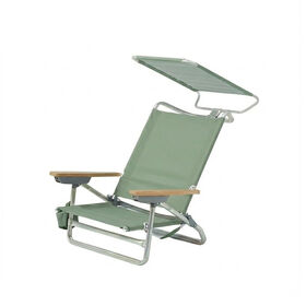 Chaise de Plage Pliante Inclinable à 5 Positions avec Accoudoirs en Bois et Pare-Soleil Anti-UV
