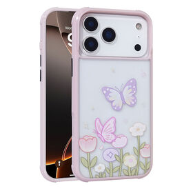 Pastellrosa Ästhetik für iPhone 16 Hülle mit handgemaltem Schmetterlings- und Blumendruck, stoßfeste Soft-Touch-Abdeckung