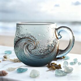 Mug Ombak Kaca Laut, 350 ml, Cangkir Mug Kaca Ombak Laut Tiup Tangan, Desain Ombak Laut Bertekstur, Gelas Unik untuk Teh