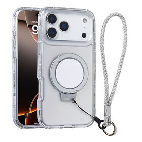 Funda Premium Teñida Transparente para iPhone con Soporte de Espejo y Correa de Muñeca - Cubierta Híbrida Magnética PC+TPU