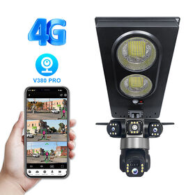 كاميرا أمان V380 Pro ببطارية 16000 مللي أمبير، مصباح شارع LED بالطاقة الشمسية 16 وات مع كاميرا CCTV، بطاقة SIM 4G، مراقبة PTZ