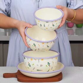 Shatterproof Enamel Dinnerware Set, Porcelain-on-Steel Bowl & Plate Collection, Lightweight Camping Tableware for Outdoor Picnic &