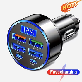 66W Fast Charging Digital Display Car Charger 6 in 1 Electric PD Type C 6 Ports Phone USB Car Charger Fast Charging Adapter