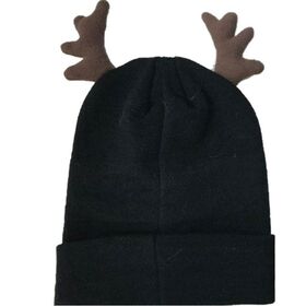 Topi rajut akrilik langsung pabrik, rib 1x1, mata jala, garis tepi bordir, hidung spons merah, pengisi 3D tanduk rusa