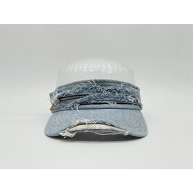 Individuelle Distressed Denim Visierkappe mit Reißverschluss-Detail, dekonstruierter Streetwear-Stil, Sonnenhut mit ausgefranstem Rand | Punk-Stil Kopfbedeckung mit Eigenmarke