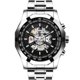 Klassische wasserdichte Herren-Automatik-Skelettuhr aus Edelstahl mit Original-Lederarmband OEM