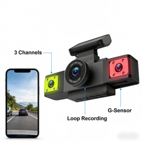 High Quality Dashcam Manufacturer with OEM/ODM, 1080P+720P+720P Channels WiFi Car Camera with G-sensor, seamless loop recording