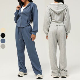 Drawstrings Hanging Wide Legs Straights Pants 2Pcs Tracksuit Long Sleeve Zip up Hoodie Sweatshirt Outdoor Running Fitness Sets