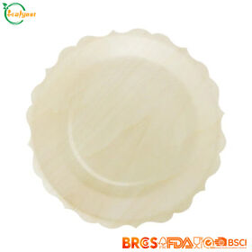 طبق خشبي للاستخدام مرة واحدة بشهادة FSC وحافة مزهرة، تغليف مخصص، آمن غذائياً