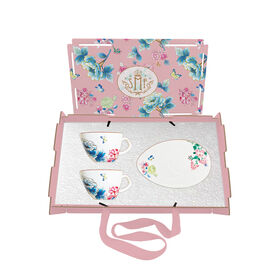 Caixa de Presente DIY Inovadora SMF para Xícara e Pires de Café de Porcelana Fina, Formato de Triângulo Irregular com Design Floral, Inclui 2 Conjuntos LFGB