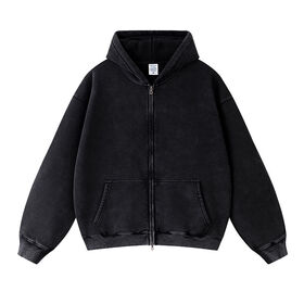 Vente en gros Sweat à capuche oversize heavyweight streetwear, fermeture éclair, sans cordon, lavage acide vintage pour hommes