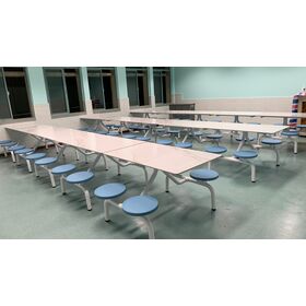 School Canteen Dining Table Set with Integrated Stools & Metal Frame