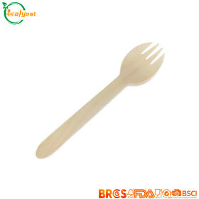 Spork Kayu Sekali Pakai FSC 160 mm, Biodegradable, Food Grade, Kemasan dan Logo Kustom