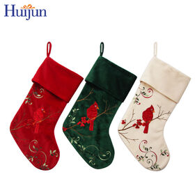 Wholesale Luxury Velvet Christmas Stocking with Bird Embroidered Christmas Hanging Stocking