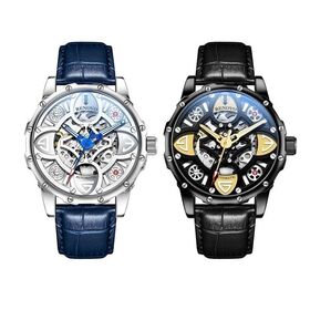 Günstige Luxus-Marken-Herren-Automatikuhren mit Leder-Skelett-Zifferblatt aus Edelstahl, mechanische Armbanduhren mit Logo