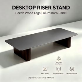 Aluminum Monitor Riser Stand Beech Wood Legs, Tool-Free Assembly Laptop Desk Elevator Organizer Office Home Workstation