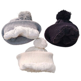 Ladies 100% acrylic knitted diamond cable beanie with pom pom, with polyester sherpa lining