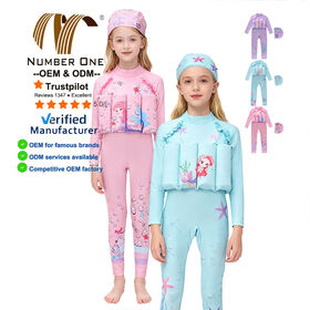 Traje de baño de una pieza con estampado de dibujos animados para niñas, manga larga, para playa, surf, natación, flotación