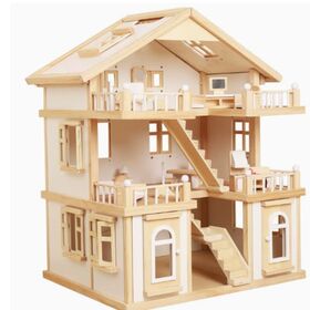 Casa de muñecas de madera de 3 pisos con muebles, Montessori Pretend Play Doll House con escaleras Balcón Skylight, para regalo de juguete W06A716
