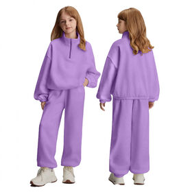 Ensemble de Vêtements Décontracté Sportif Deux Pièces de Qualité pour Filles 8-12 Ans - Printemps Automne, Uni, Col Montant