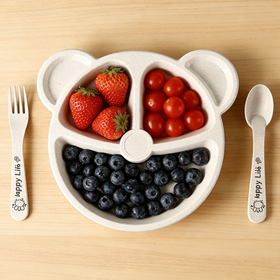 Vente en gros Mignon Assiette Repas Divisée en Paille de Blé Dessin Animé pour Enfants - Ensemble de 3 pièces pour Étudiants de Maternelle