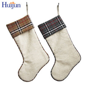 Custom Jute Linen Tartan Christmas Stocking for Metal Hanging Decoration